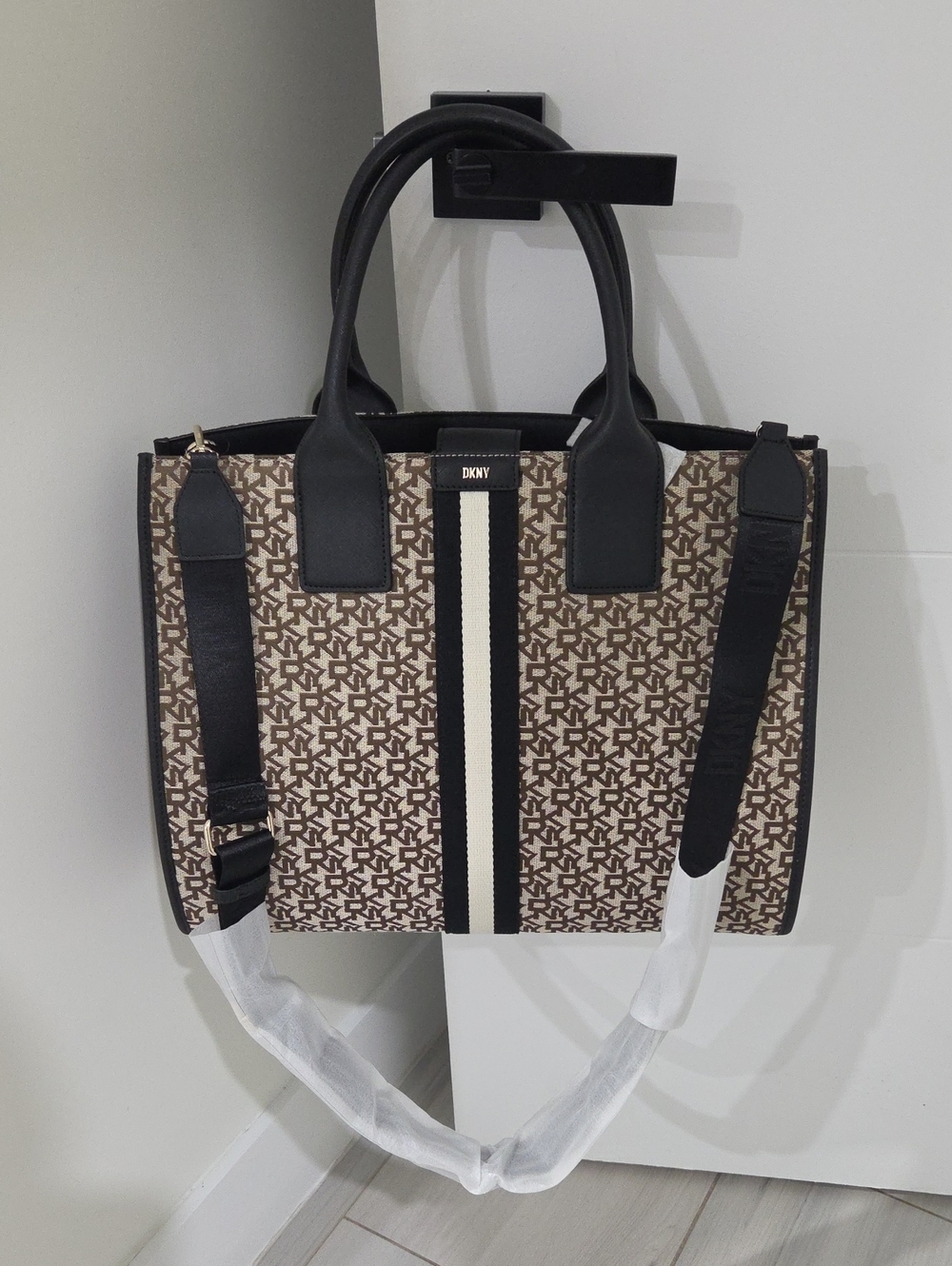 DKNY Brown Monogram Tote with Black Trim and Center Cream Stripe